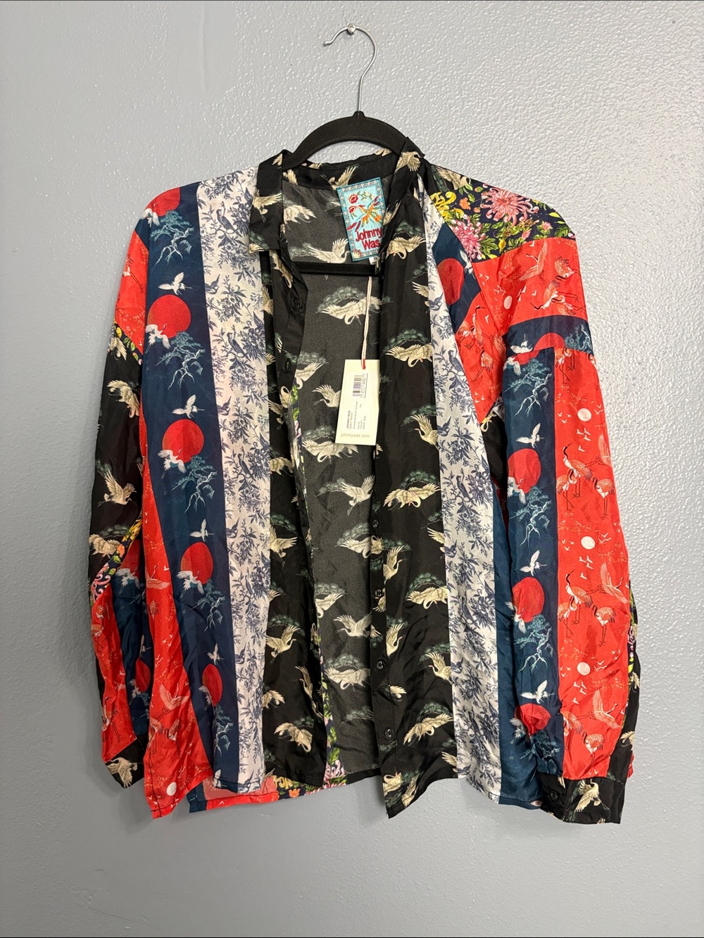 Johnny Was splendid button down Red Navy Black Patchwork Bomber Jacket